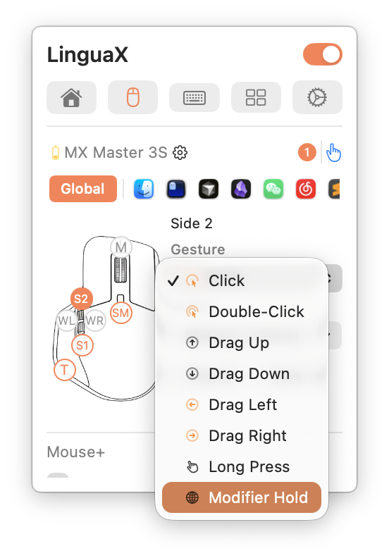 LinguaX Side 2 gesture picker: Click, Double-Click, Drag Up / Down / Left / Right, Long Press, Modifier Hold all available on the same button