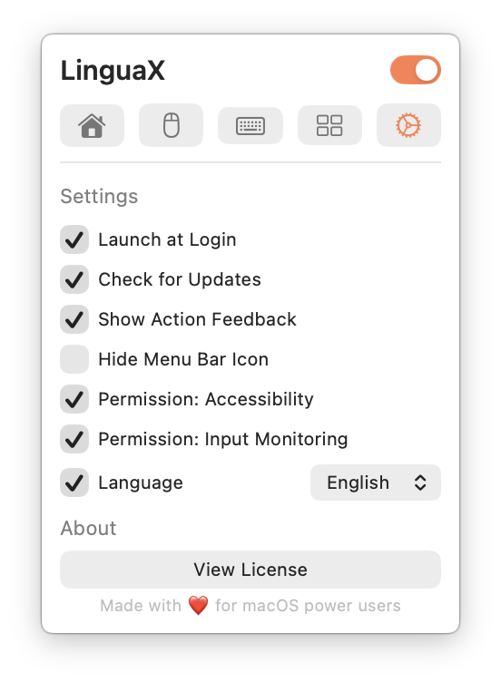 LinguaX Settings tab with Permission: Accessibility and Permission: Input Monitoring both checked — ticking each opens the corresponding macOS System Settings pane