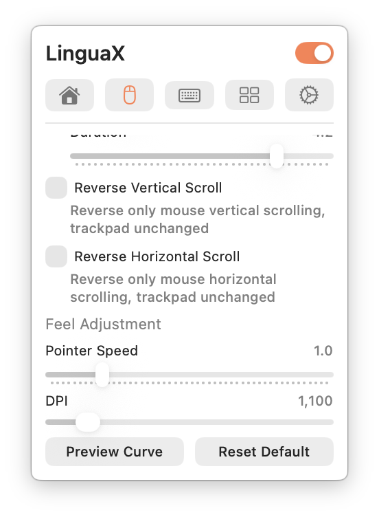 LinguaX Feel Adjustment section with Pointer Speed and DPI sliders, plus Preview Curve and Reset Default buttons