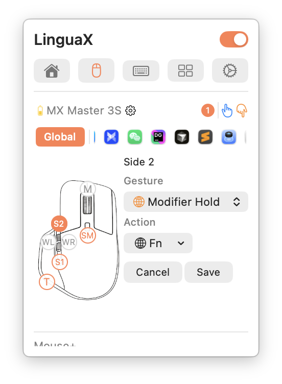 LinguaX Mouse+ side-2 binding: Gesture = Modifier Hold, Action = Fn, with Cancel and Save buttons
