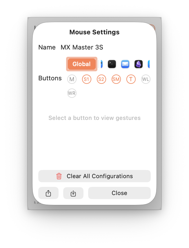 LinguaX Mouse Settings dialog: Global vs per-app scope, button pills (M / ML / MR / S1 / S2 / T), and a Click → Launchpad binding on T