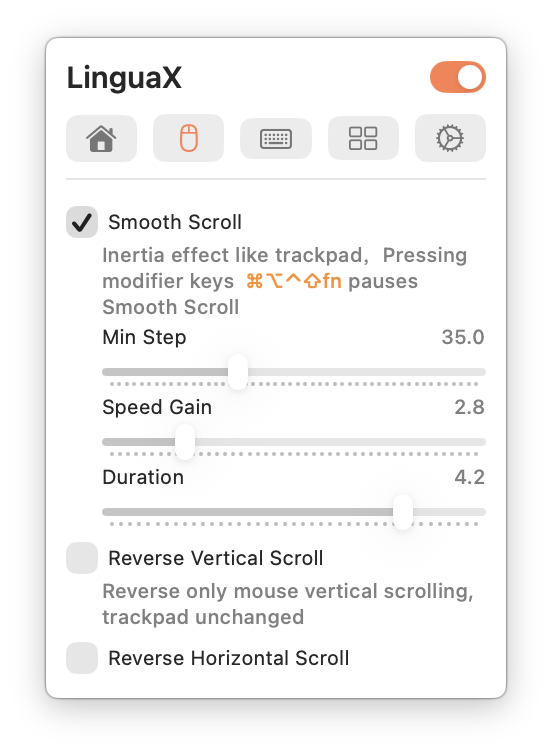 LinguaX Smooth Scroll panel: Min Step / Speed Gain / Duration sliders, plus a note that holding ⌘⌥⌃⇧ or Fn pauses smooth scroll